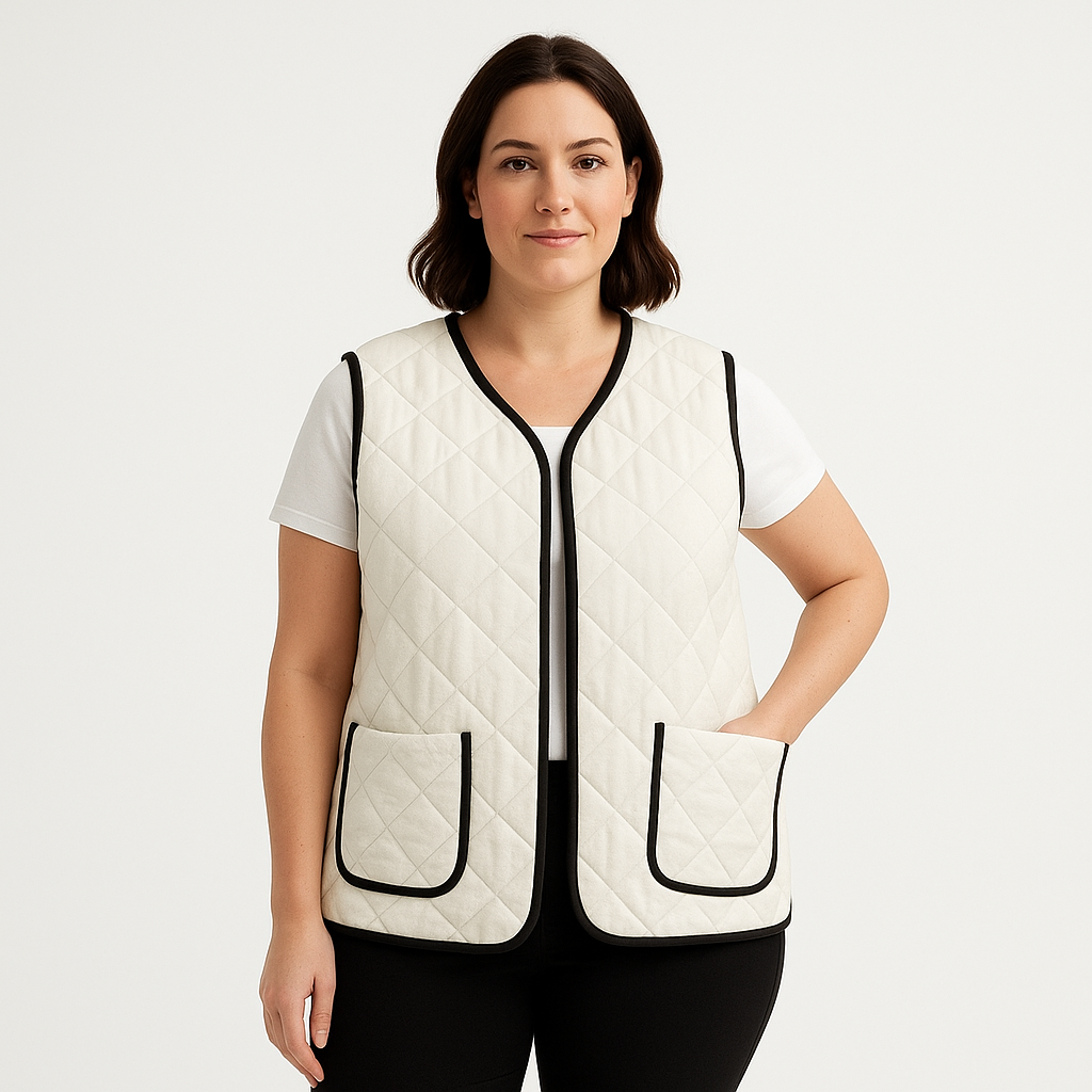 Chaleco acolchado negro con ribete blanco y bolsillos frontales