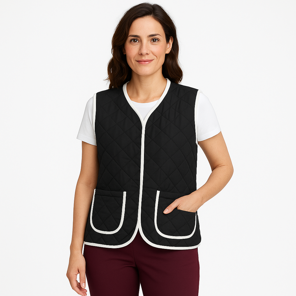 Chaleco acolchado negro con ribete blanco y bolsillos frontales