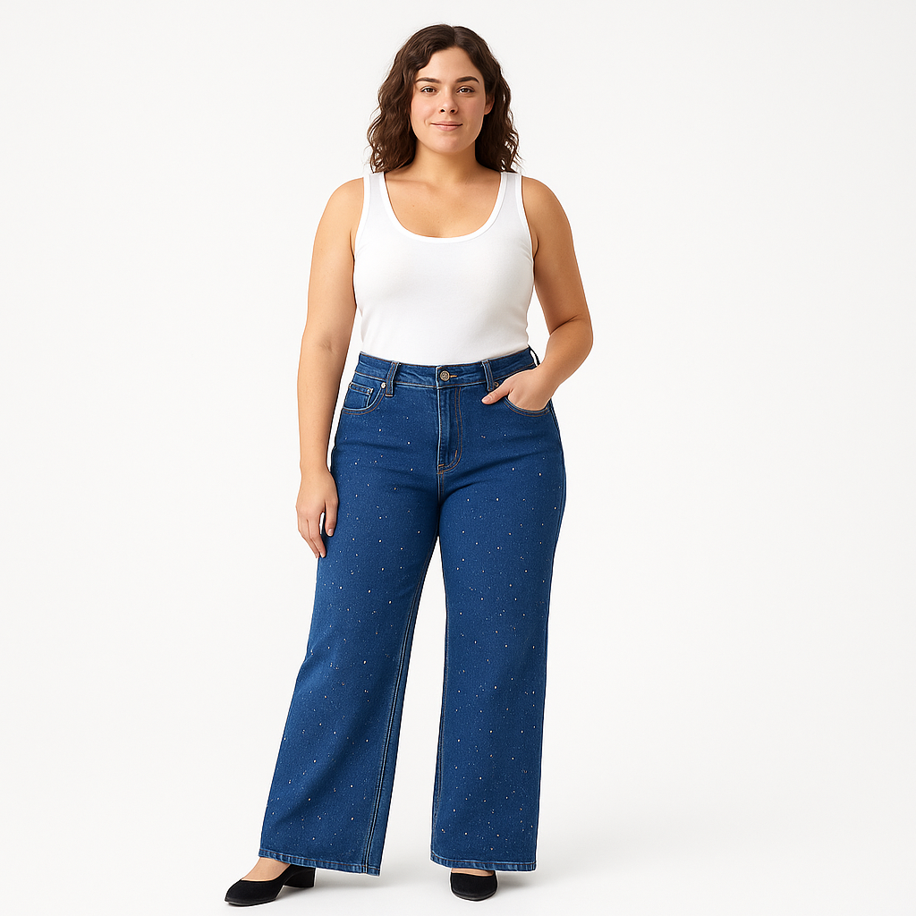 Jeans azul recto con detalle de brillo y corte wide leg